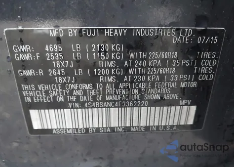 2015 Subaru Outback 2.5I Limited из США, поврежденный, VIN 4S4BSANC4F3362220